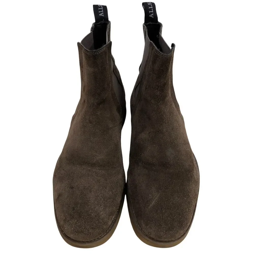 AllSaints Chelsea Boots Mens 9 Brown Suede Elastic Side Pull Tab Rubber Sole